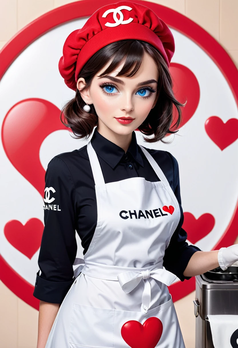 1 lady, Brunetette, blue colored eyes, logo, logotype, business logo, mascot, mascot de empresa, face detailed, Chanel cut, apron and blanche toque, Caucasian skin, red heart in the background, Color Vibrant