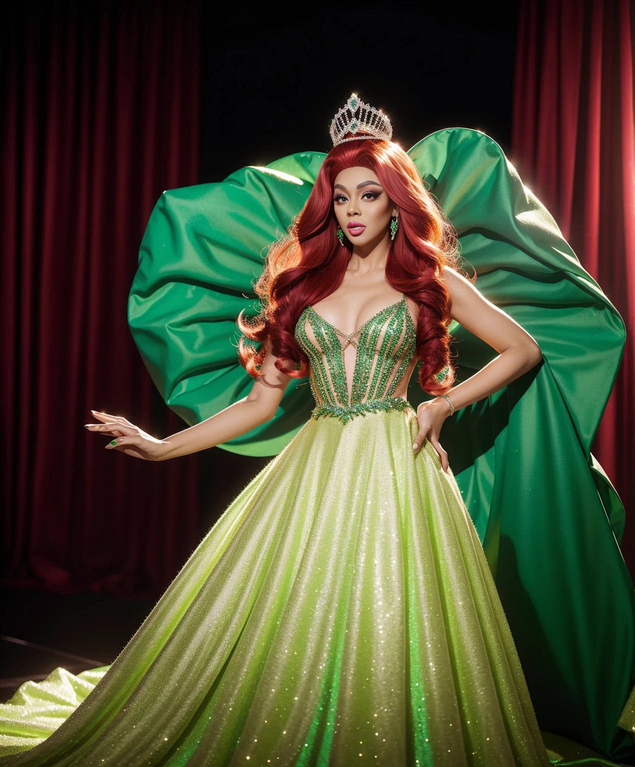 drag queen on Rupaul's Drag Race wearing a emerald night gown with applications tiara and disproportional wig giant redhair wig full body shot fascinator shiny jewelry makeup red backdrop lighting
