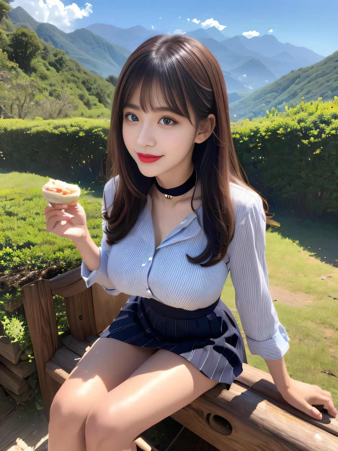 ((Highest quality, 8K, Representative works in detail, Ultra-high resolution)), (Looking at the audience), Attractive woman, ((Big Breasts)), smile, ((Black Choker)), Slim figure, (blue eyes), Long eyelashes, bangs, Beautiful shiny brown hair, Nogizaka idol, Slim face、((Striped shirt、flare skirt、Full body portrait)), Millionaire's daughter、Dependents、Glossy straight hair、((Mountain trail、Look up、Nice views)), Red lipstick, ((Mountainous Regions))、blue sky、Healthy Thighs、((lunch:1.4))