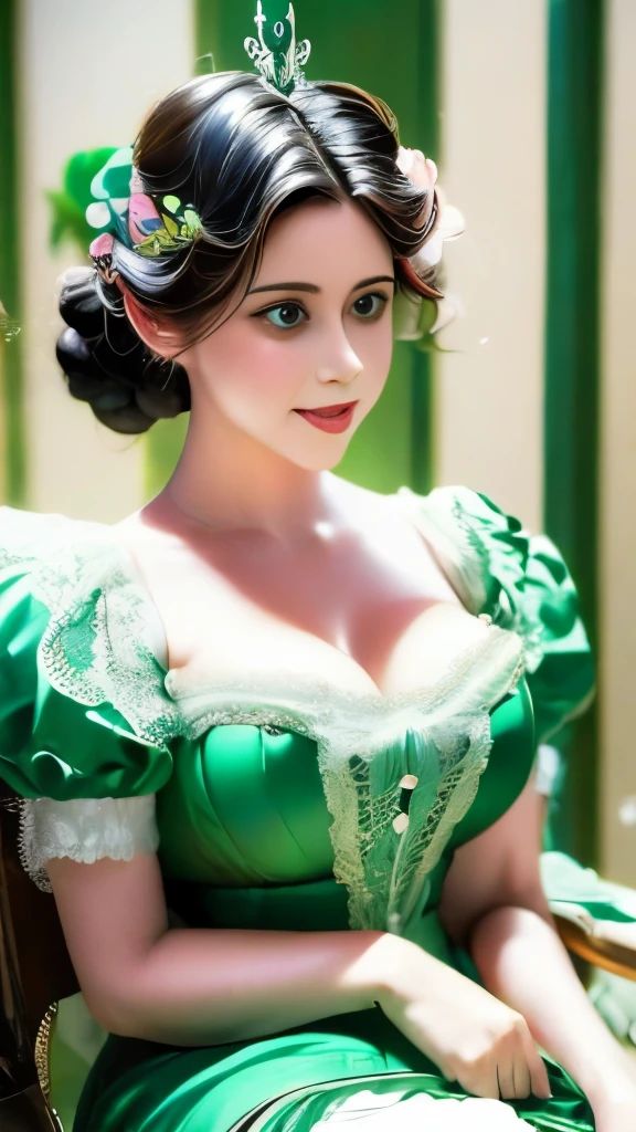 arafed woman in green dress sitting in chair with white lace, a colorized photo inspired by Elinor Proby Adams, flickr, art nouveau, colorized 1 9 0 4 photo, colourized, colorized photograph, colorized, colorized photo, queen margherita of savoy, a beautiful victorian woman, colourised, in victorian aristocrat, award winning colorized photo