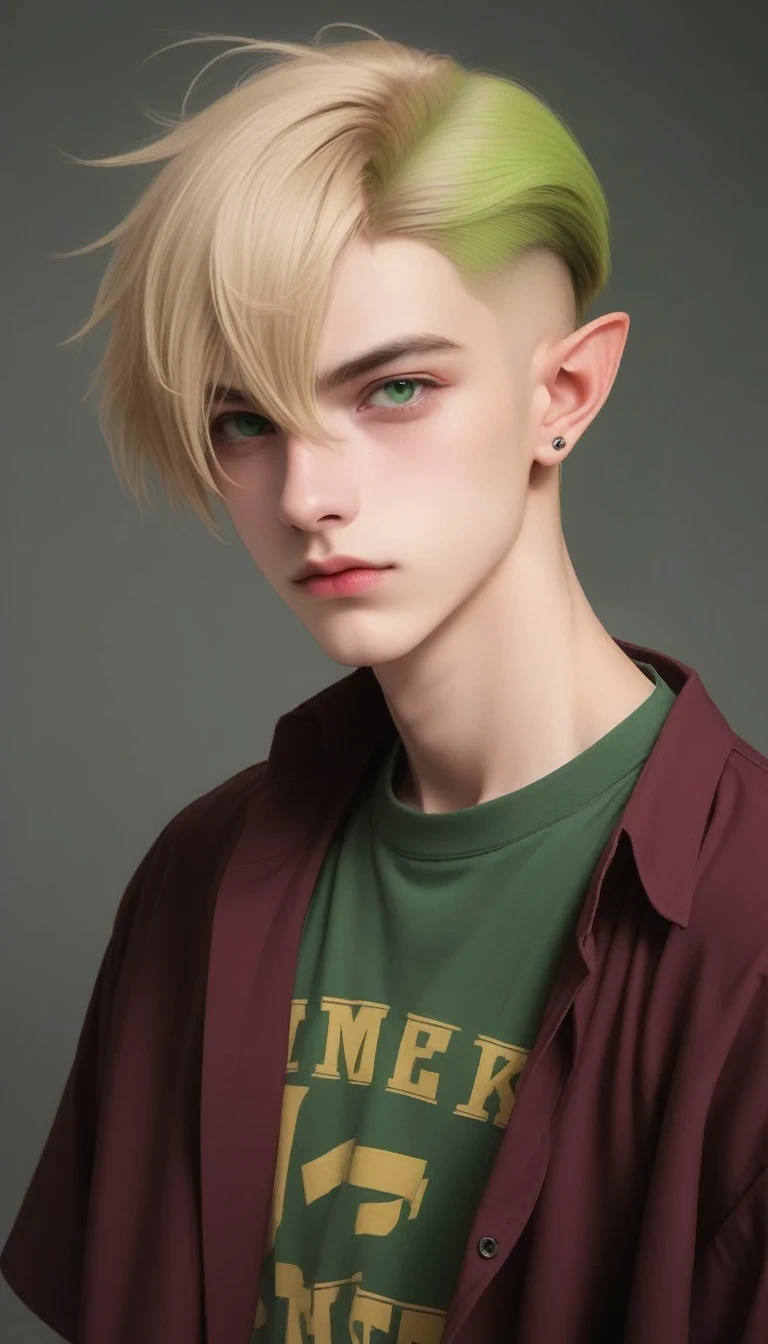 ((hair shaved on the side)) elf pointy ear, alien green skin