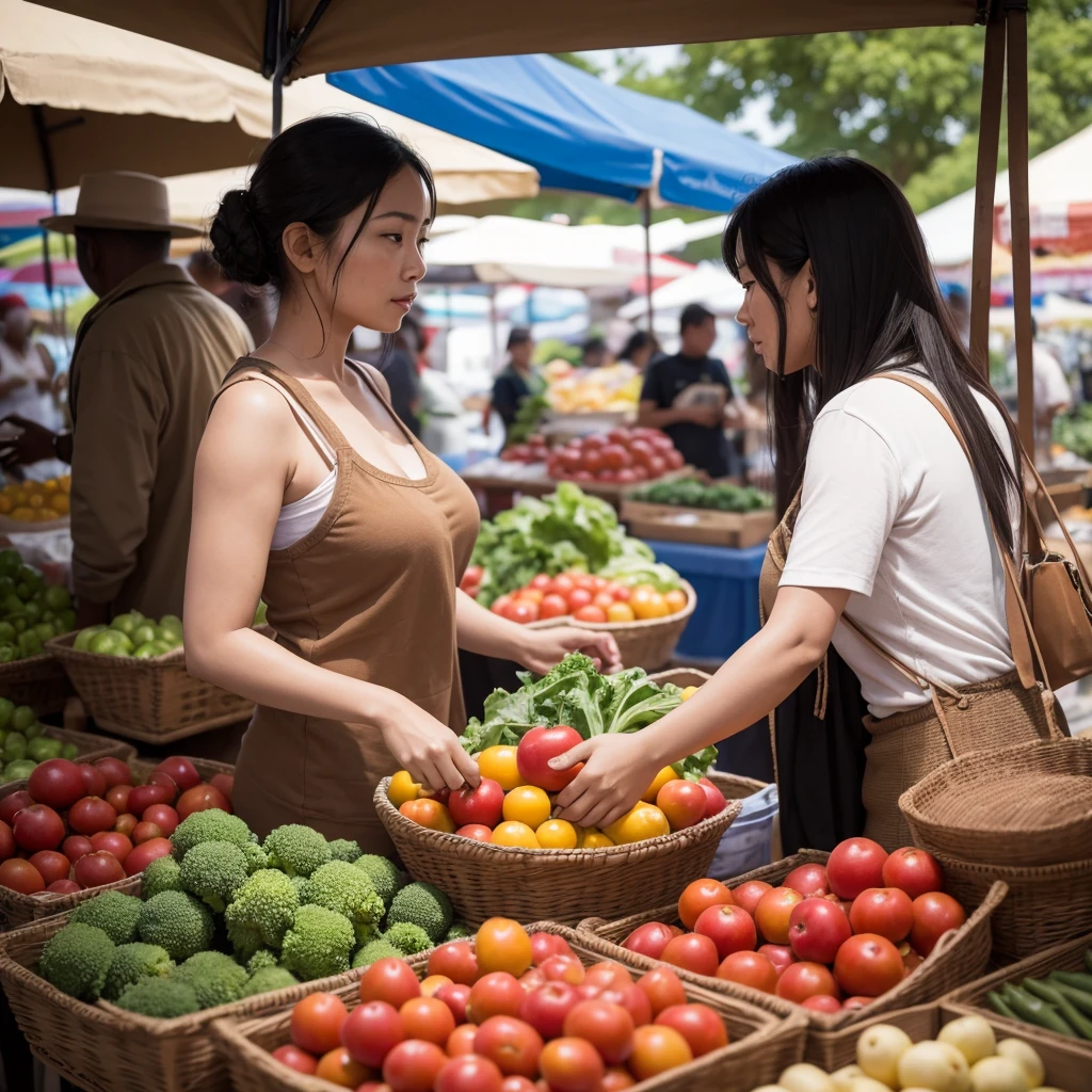 A scene in a local market featuring an Asian woman selecting vegetables while conversing with an African vendor. In the background, a European man and a Latin woman are discussing local products. Use a balanced composition and focus on the interaction between individuals. Include relevant background elements to provide context. Utilize as much natural lighting as possible. Apply a shallow depth of field to keep the main subjects in focus while ensuring the background remains clear enough to provide context."