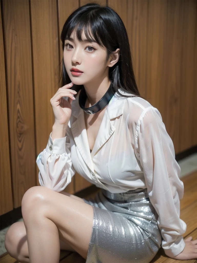(Best Quality, 8K, masutepiece, Ultra HD: 1.3), 1girl in, ,light brown hair, Blunt bangs, hair behind ear, hair over shoulder, Long hair, slender body shape, Ultra Fine Face, Delicate lips, Beautiful eyes, Double eyelids, lipsticks, thin blush ,Black eyes ,perfect glossy skin,flawless skin fair white skin ,Glistening sweat,A gaze that invites you, Chest,Ultra-thin hands, Ultra-fine fingers, shirt with collar, tight skirts , beauty legs ,Low Heels. outside of house、In the middle of a date