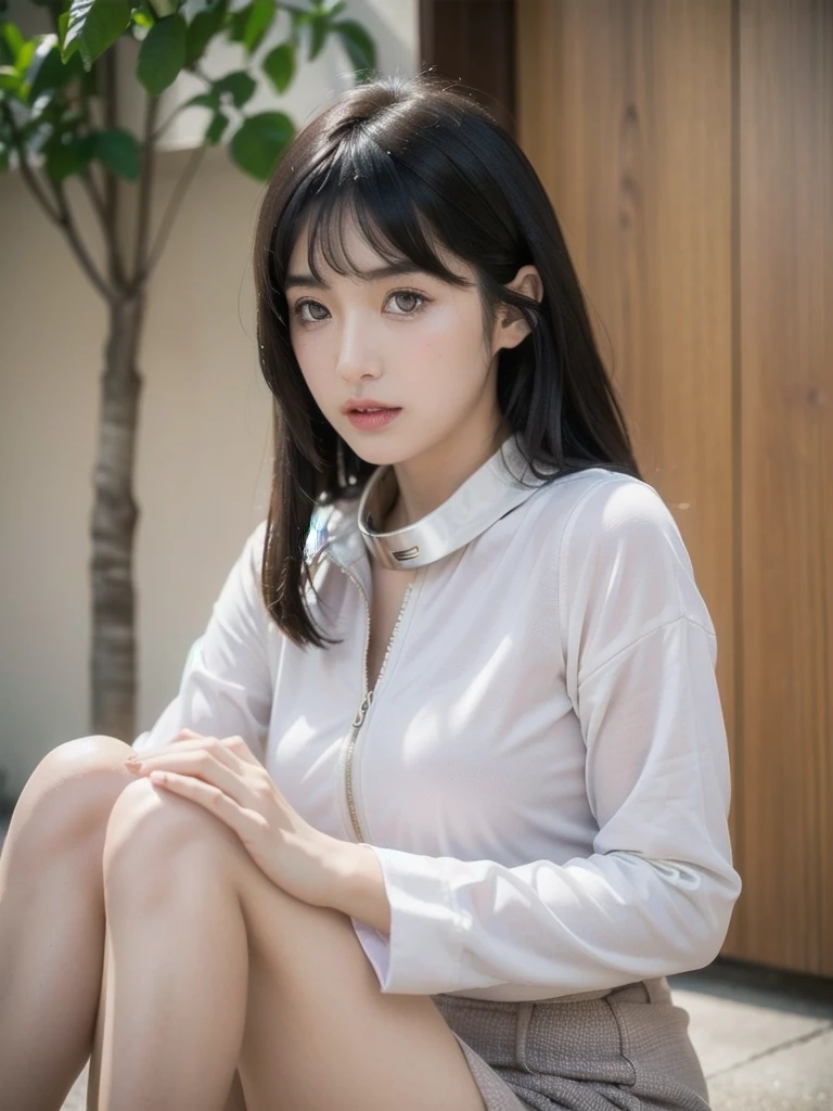 (Best Quality, 8K, masutepiece, Ultra HD: 1.3), 1girl in, ,light brown hair, Blunt bangs, hair behind ear, hair over shoulder, Long hair, slender body shape, Ultra Fine Face, Delicate lips, Beautiful eyes, Double eyelids, lipsticks, thin blush ,Black eyes ,perfect glossy skin,flawless skin fair white skin ,Glistening sweat,A gaze that invites you, Chest,Ultra-thin hands, Ultra-fine fingers, shirt with collar, tight skirts , beauty legs ,Low Heels. outside of house、In the middle of a date