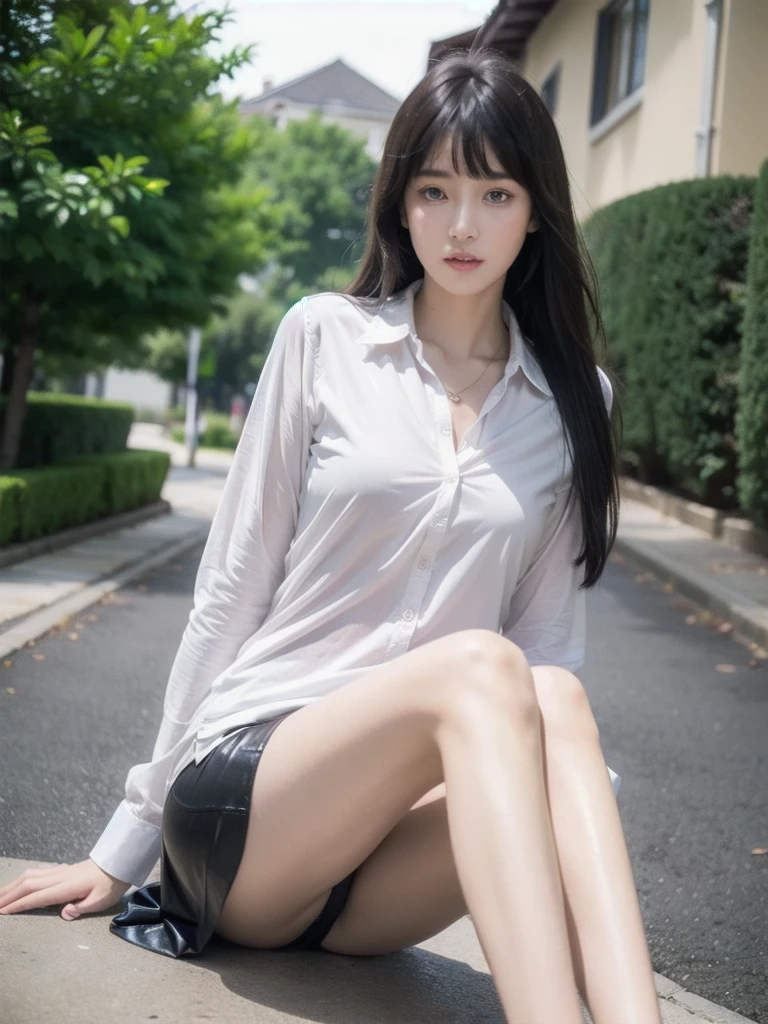 (Best Quality, 8K, masutepiece, Ultra HD: 1.3), 1girl in, ,light brown hair, Blunt bangs, hair behind ear, hair over shoulder, Long hair, slender body shape, Ultra Fine Face, Delicate lips, Beautiful eyes, Double eyelids, lipsticks, thin blush ,Black eyes ,perfect glossy skin,flawless skin fair white skin ,Glistening sweat,A gaze that invites you, Chest,Ultra-thin hands, Ultra-fine fingers, shirt with collar, tight skirts , beauty legs ,Low Heels. outside of house、In the middle of a date