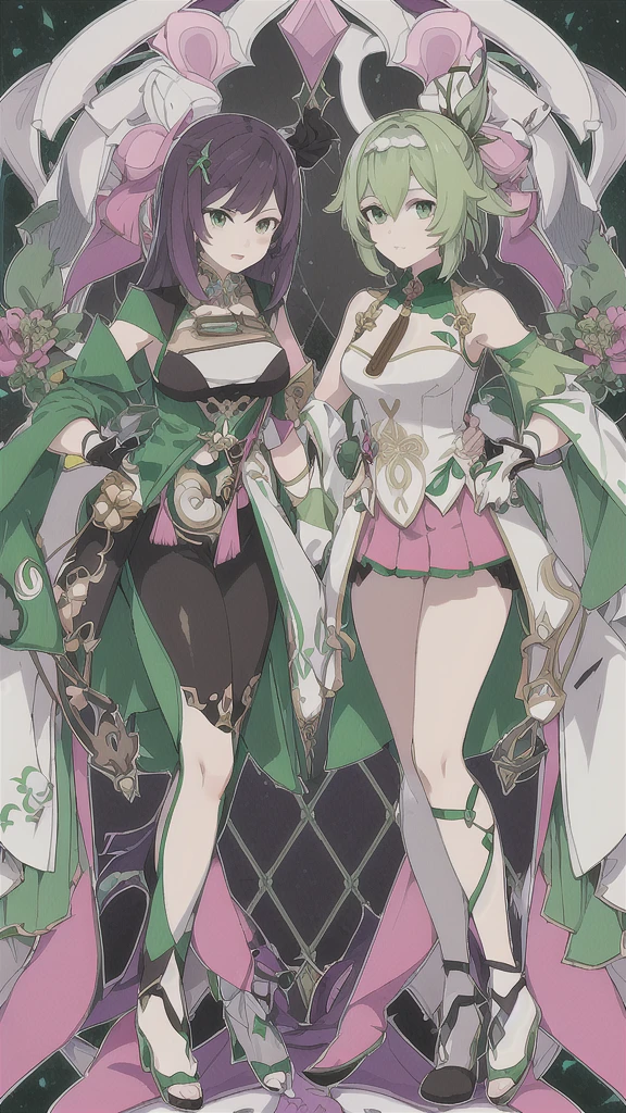 Pretty, beautiful, elf girl, elf, green hair, short hair, pretty hair, beautiful body, genshin impact design, fashion, fashion design, genshin impact, video game, full body, pretty face, starry clothes.
