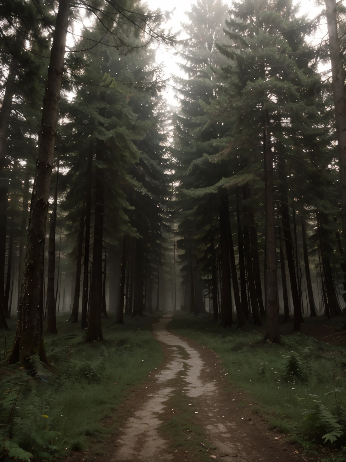 A minimalistic image of a foggy forest path, with the trail winding and disappearing into the mist. The trees are tall and slightly blurred, with soft light filtering through the fog. This scene represents a lack of mental clarity, with the unclear path symbolizing confusion and the fog representing mental haze.