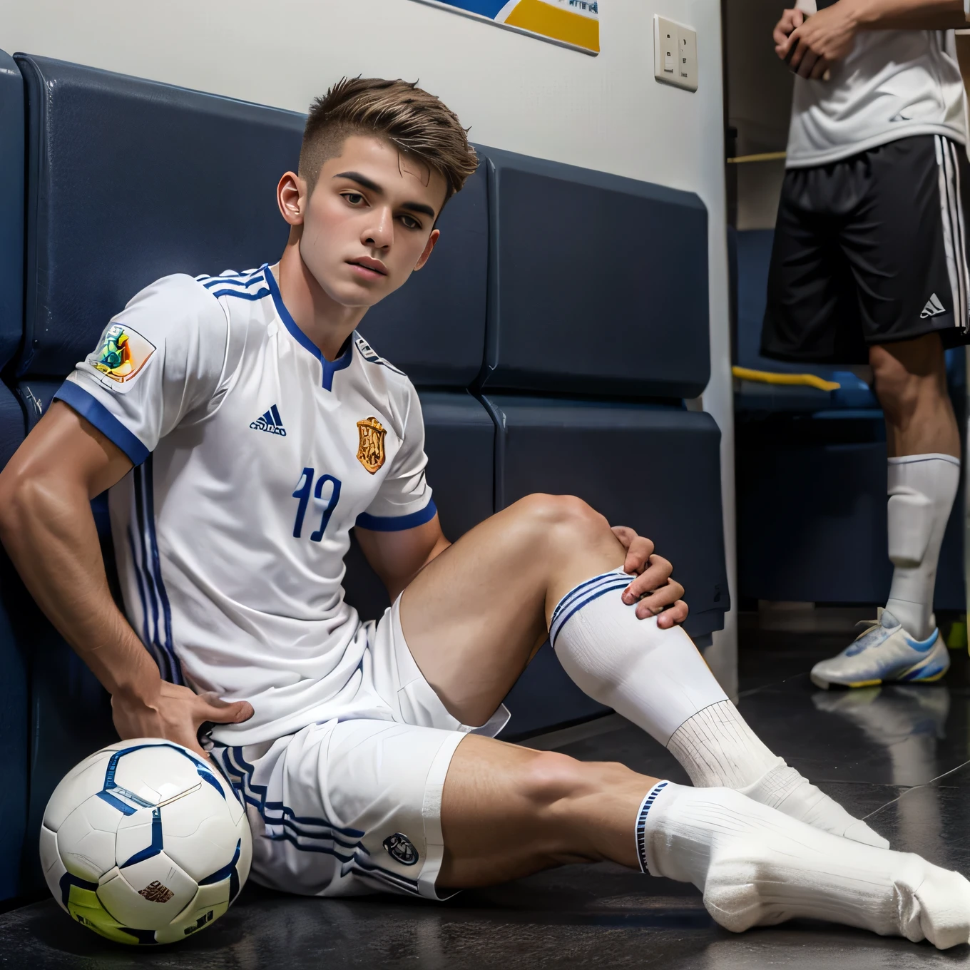 White-skinned young Spanish soccer player wearing white socks