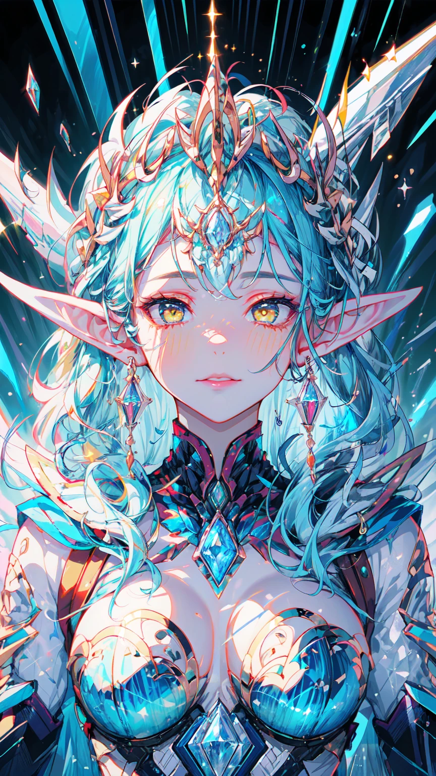 (portrait of an ice elf:1.2), medium length elf ears, pointy ears,ice around, frosty theme,( shiny yellow eyes:1.2), light cold smile, arrogant facial expression, sexy Russian style costume, Blue crystal jewelry, icy blue glowing tattoos,Detailed,Realistic,4k highly detail,by Mappa studios,masterpiece,best quality,official art,illustration,ligne claire,(cool_color),perfect composition,fantasy,focused,rule of third