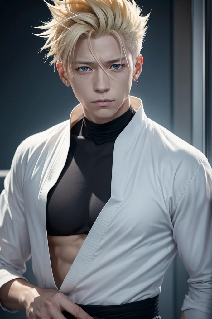Make me a picture: JuJutsu Kaisen comic panel, A 16 year old man, with straight and short white hair, eyes black, full of bands on the body, with a white shirt, a red short, lying in bed looking at the ceiling with empty eyes.
