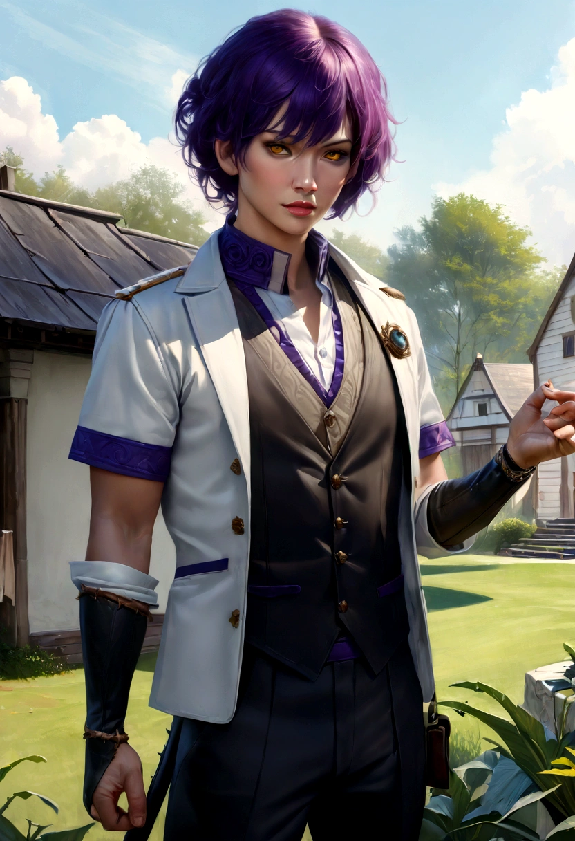 A man with purple hair, dark skin, aggressive expression, yellow eyes, thorns around arm, wearing royal outfit, short slick hair, (best quality,4k,8k,highres,masterpiece:1.2),ultra-detailed,(realistic,photorealistic,photo-realistic:1.37),hyper-detailed portrait, intricate details, dramatic lighting, rich colors, dark fantasy, moody atmosphere
