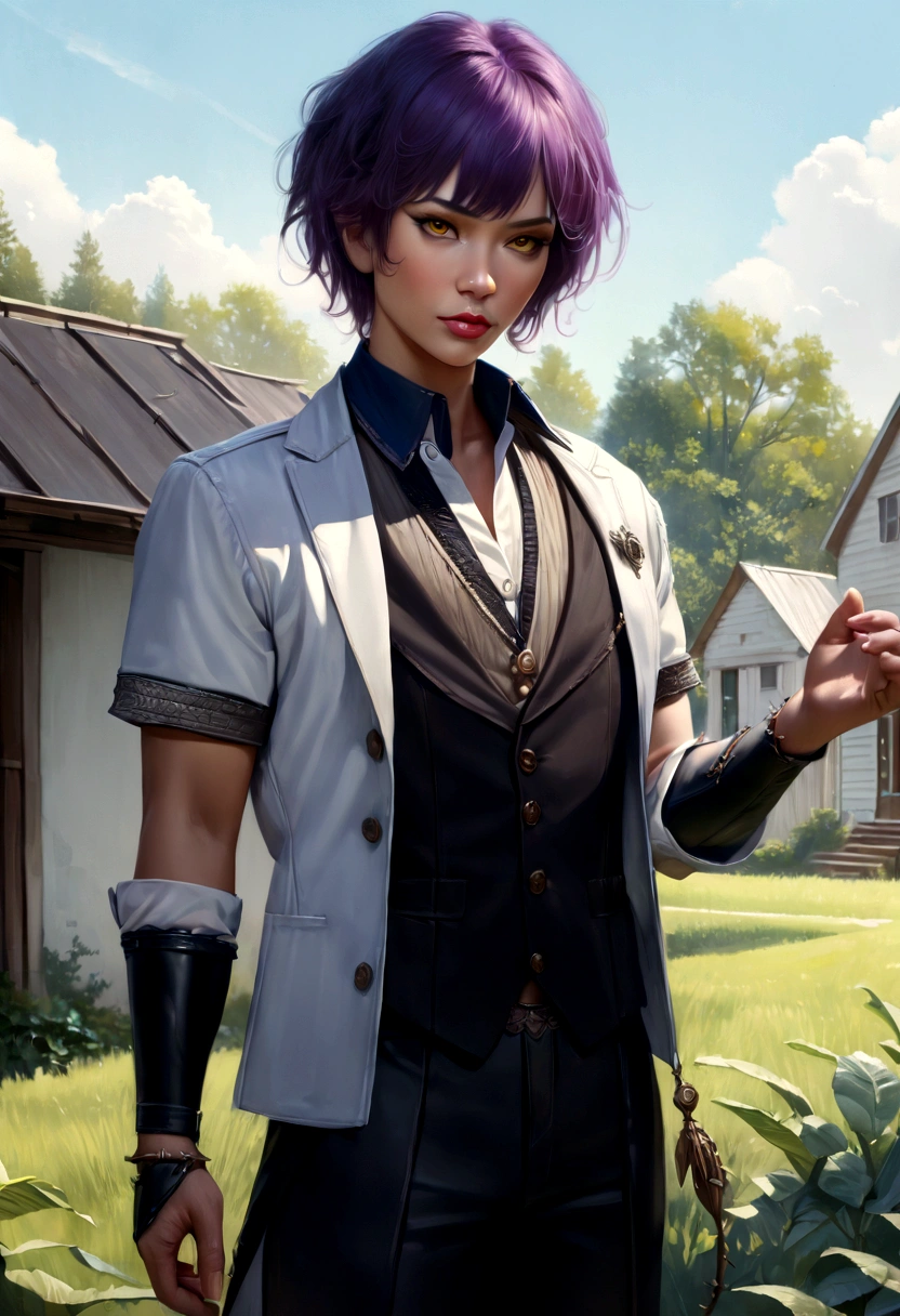 A man with purple hair, dark skin, aggressive expression, yellow eyes, thorns around arm, wearing royal outfit, short slick hair, (best quality,4k,8k,highres,masterpiece:1.2),ultra-detailed,(realistic,photorealistic,photo-realistic:1.37),hyper-detailed portrait, intricate details, dramatic lighting, rich colors, dark fantasy, moody atmosphere