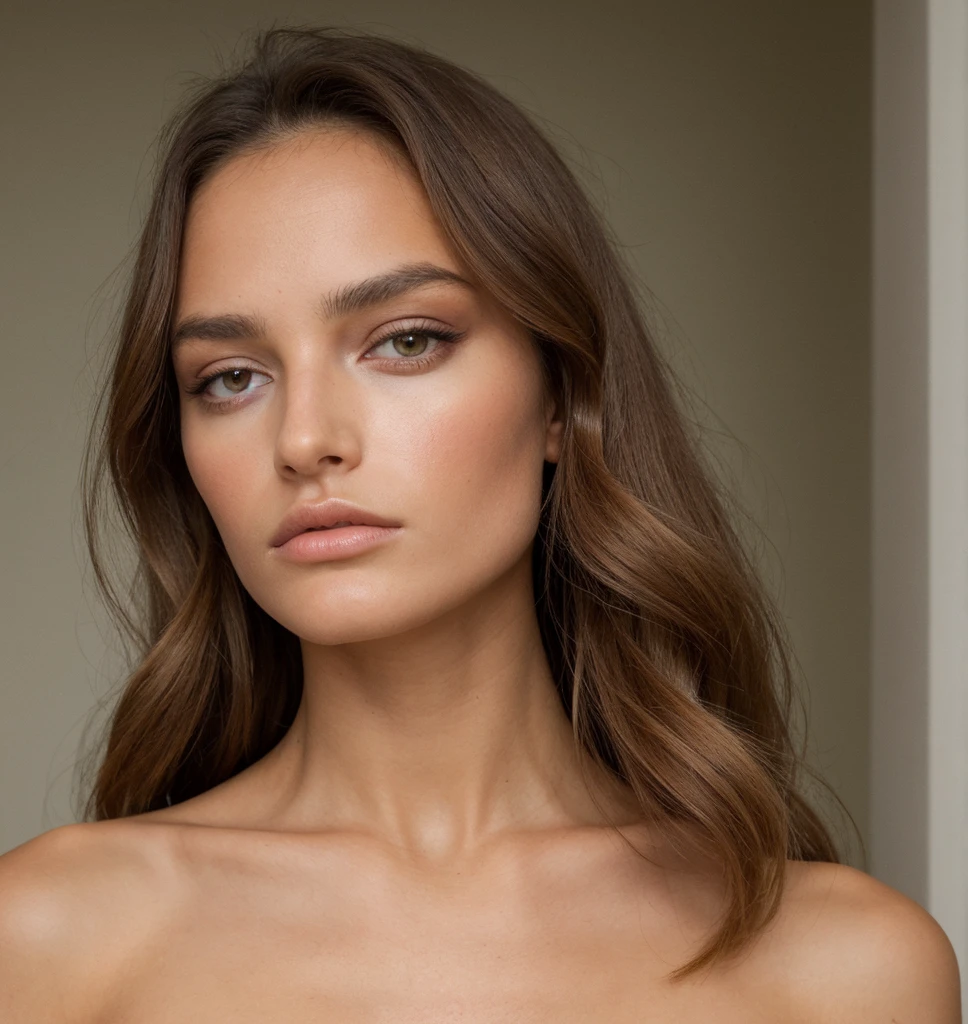 portrait de mannequin instagram, cheveux bruns, visage parfait, bronzage de la peau, modèle secret de Victoria, beauté méga modèle arabe, yeux vert clair, Éclairage naturel, look sexy et arrogant, aucune dent visible, bouche fermée, petit nez pointu