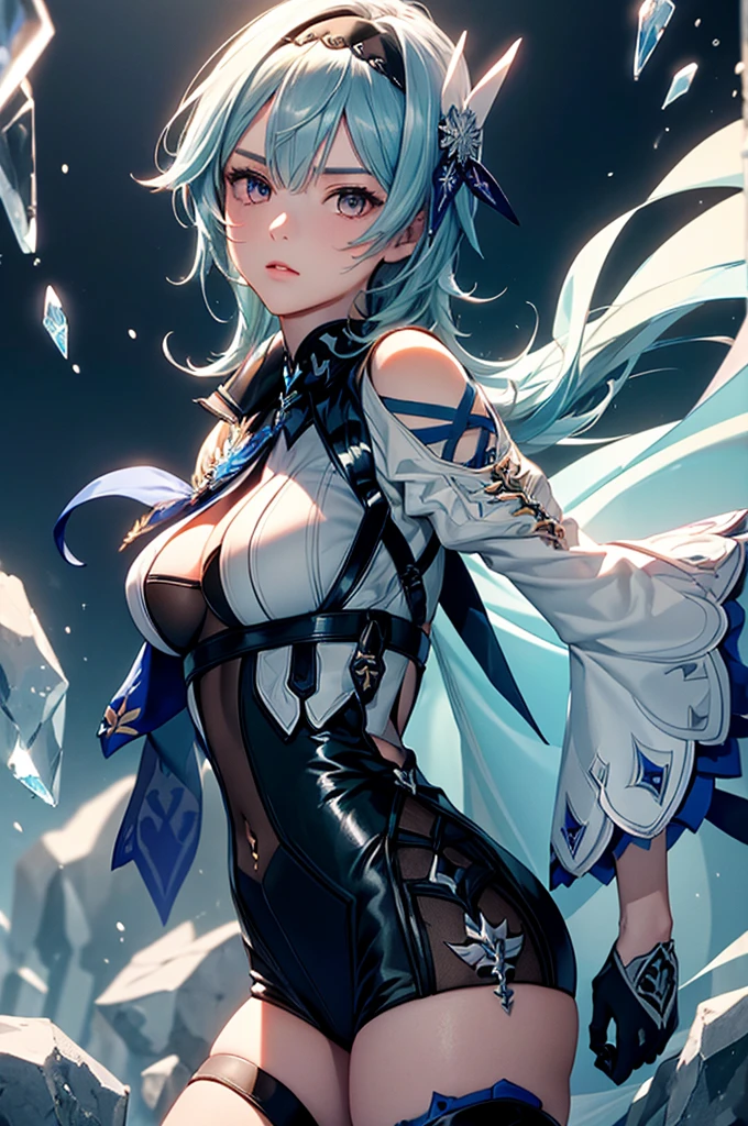 ((euladef)):1.5,((masterpiece,Highest quality,Highly detailed images,Beautiful images))1.4(Image of Eula leaning back with her arms raised、Huge crystal in the background、Overall dim lighting、Backlight、A fantastic atmosphere、Thick Fog、Dust flutters)1.3,(Close-up image of eula)1.1、(Her back is arched, Accentuate your breasts.、Turn your body to the viewer):1.2(Beautiful cleavage、Exposing cleavage)