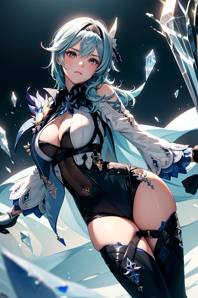 ((euladef)):1.5,((masterpiece,Highest quality,Highly detailed images,Beautiful images))1.4(Image of Eula leaning back with her arms raised、Huge crystal in the background、Overall dim lighting、Backlight、A fantastic atmosphere、Thick Fog、Dust flutters)1.3,(Close-up image of eula)1.1、(Her back is arched, Accentuate your breasts.、Turn your body to the viewer):1.2(Beautiful cleavage、Exposing cleavage)