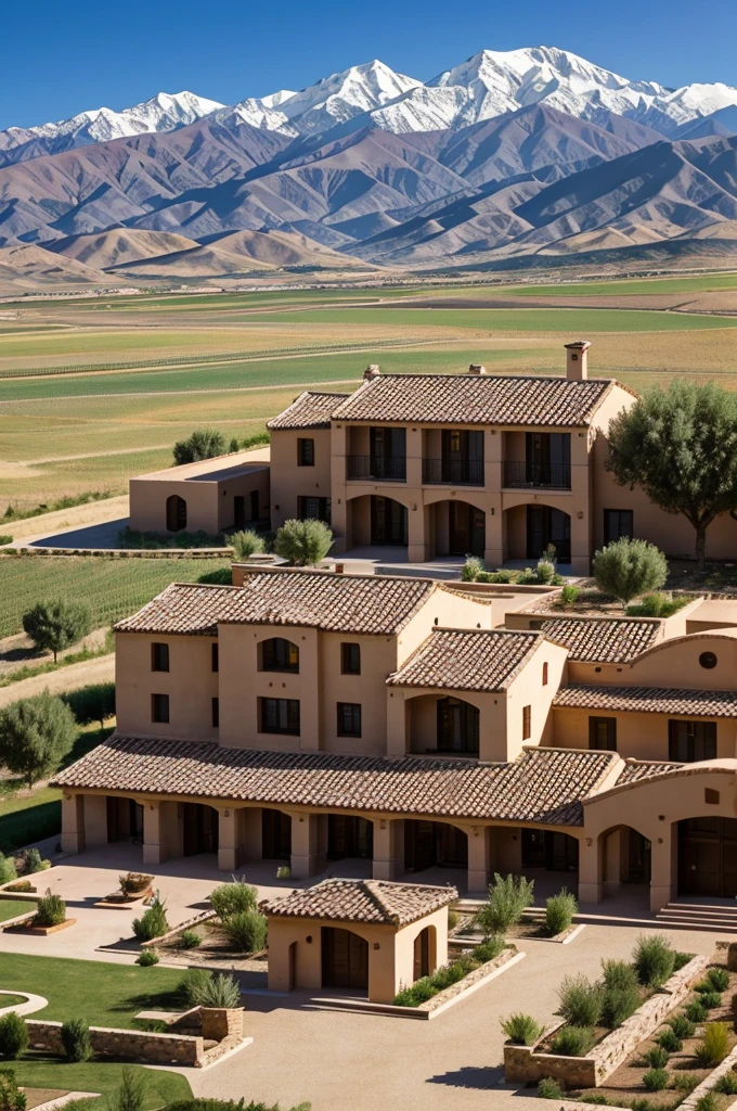 I want a picture of the front of the winery with its name "Aries of Agrelo". The modern style building with traditional touches, using stone and brick with tile roofs. Big windows. The winery must be located in a vineyard in Agrelo , with the Andes mountains in the background. a terrace for tastings at altitude and shows the vineyards in the foreground.