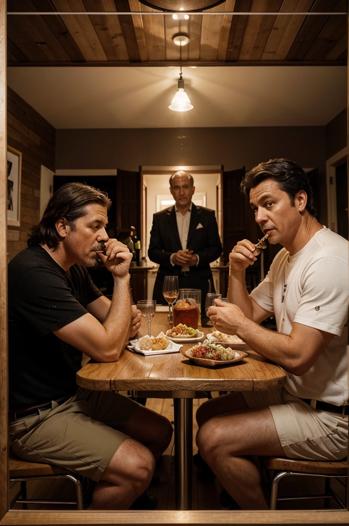 poster : five middle age men, eating dinner with a numb face. the room seem ugly, the food looks ordinary