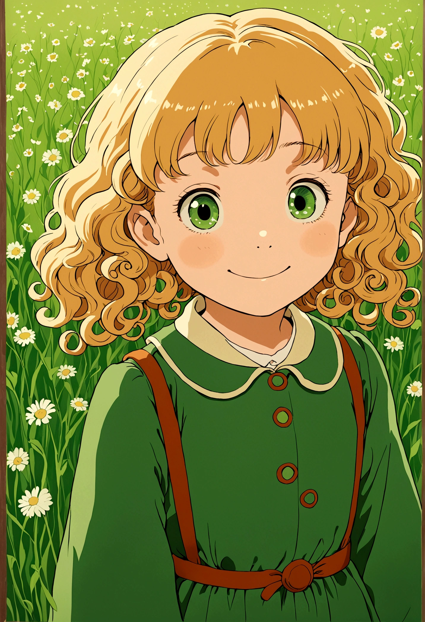 A little girl(child) in ((studio ghibli style)),the girl is in a Green field. Her hair is blonde and curly, her eyes are brown. ((She is smiling))