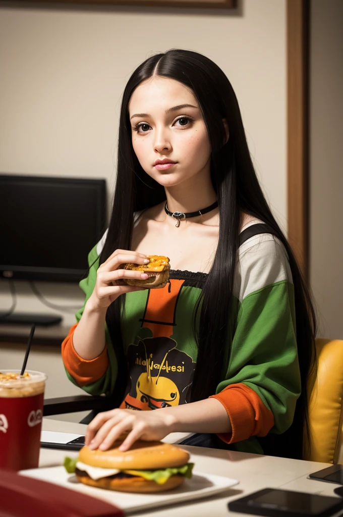 monalisa eating cheeseburger playing video games