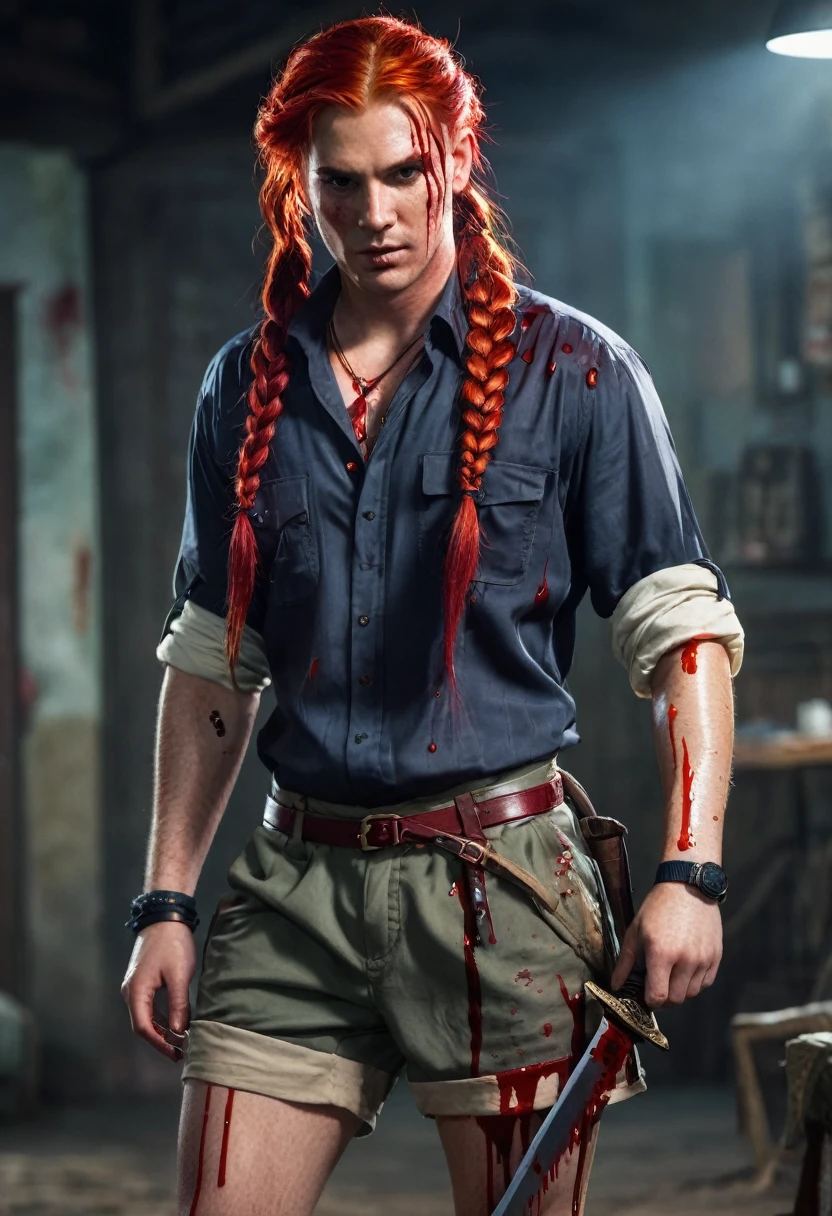Our character has red hair, braided hair and blood streaks, a knife in his hand and shorts and a blouse.