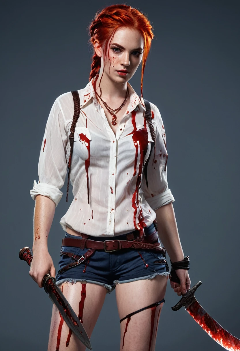 Our character has red hair, braided hair and blood streaks, a knife in his hand and shorts and a blouse.