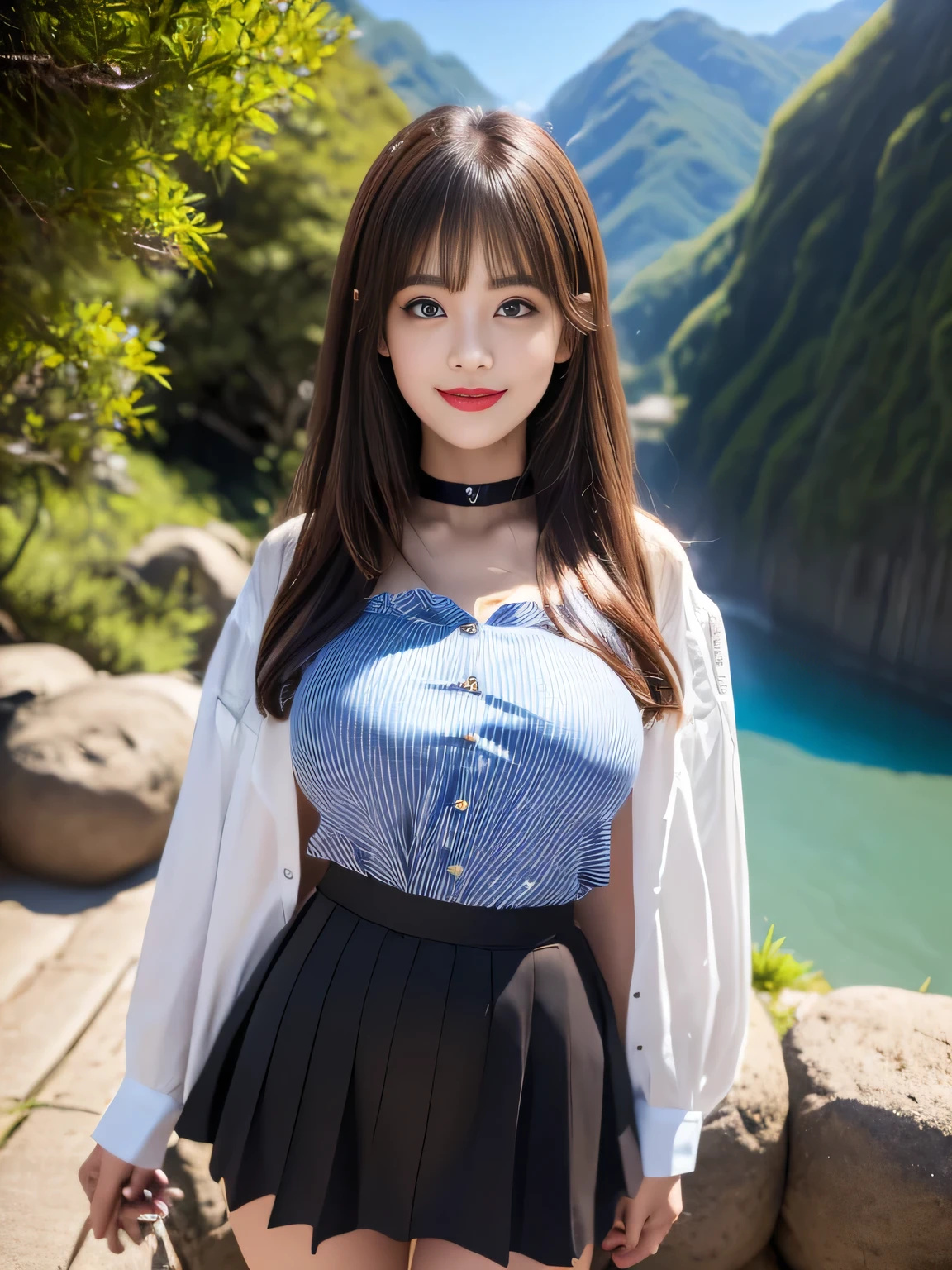 ((Highest quality, 8K, Representative works in detail, Ultra-high resolution)), (Looking at the audience), Attractive woman, ((Big Breasts)),  smile, ((Black Choker)), Slim figure, (blue eyes), Long eyelashes, bangs, Beautiful shiny brown hair, Nogizaka idol, Slim face、((Striped shirt、flare skirt、Full body portrait)), Millionaire's daughter、Dependents、Glossy straight hair、((Mountain trail、Look up、Nice views)), Red lipstick, ((Mountainous Regions))、blue sky、Healthy Thighs、((rice ball:1.4)）