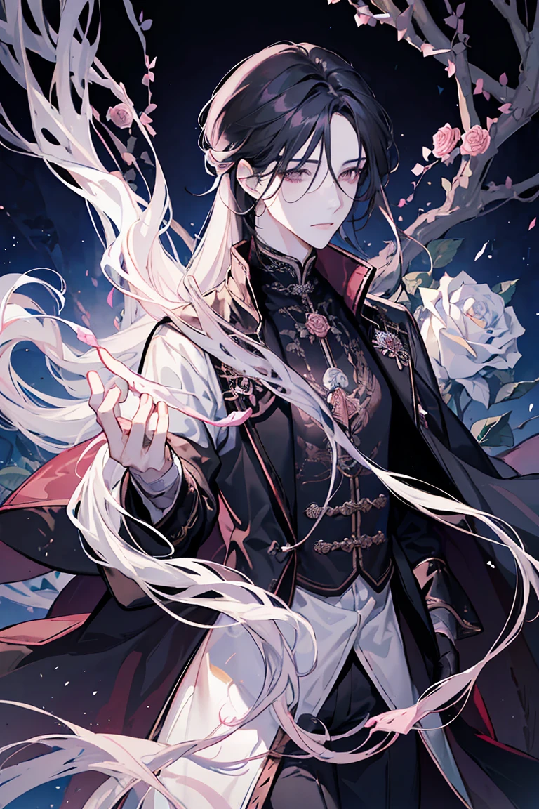 (best quality) (1 male), adult 25 years, ((long light-pearly rose opal hair)), long disheveled hair, (eyes is completely black, the white of the eye is black), pale skin, thorny vines entwine the hair, gentle delicate facial features, aristocrat's clothes, black cloak covers his head, half-body