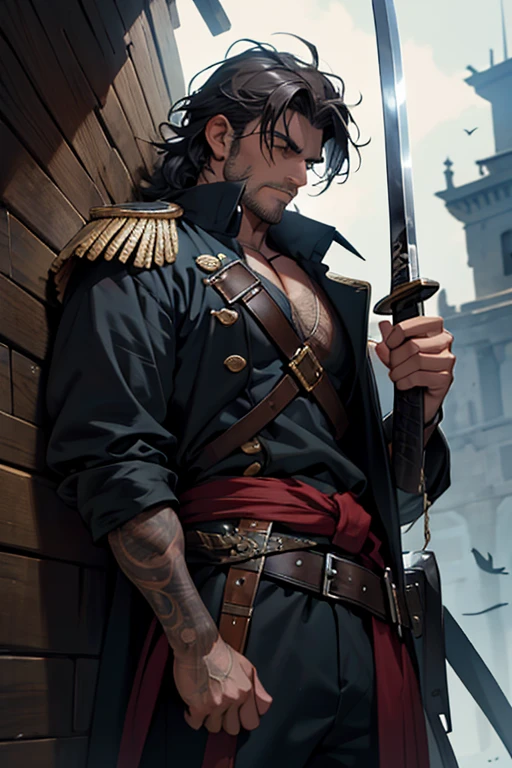 A Portuguese pirate captain, with disheveled hair and close-up eyes, displays an imposing posture. He has a sword at his waist and an ancient musket rests on his back.. An intelligent crow is perched on your shoulder, carefully observing the surroundings. Dramatic lighting highlights the intricate details of your outfit and the textures of your skin, creating a dark and adventurous mood. The image evokes a feeling of photographic realism, with a level of detail that suggests a masterpiece