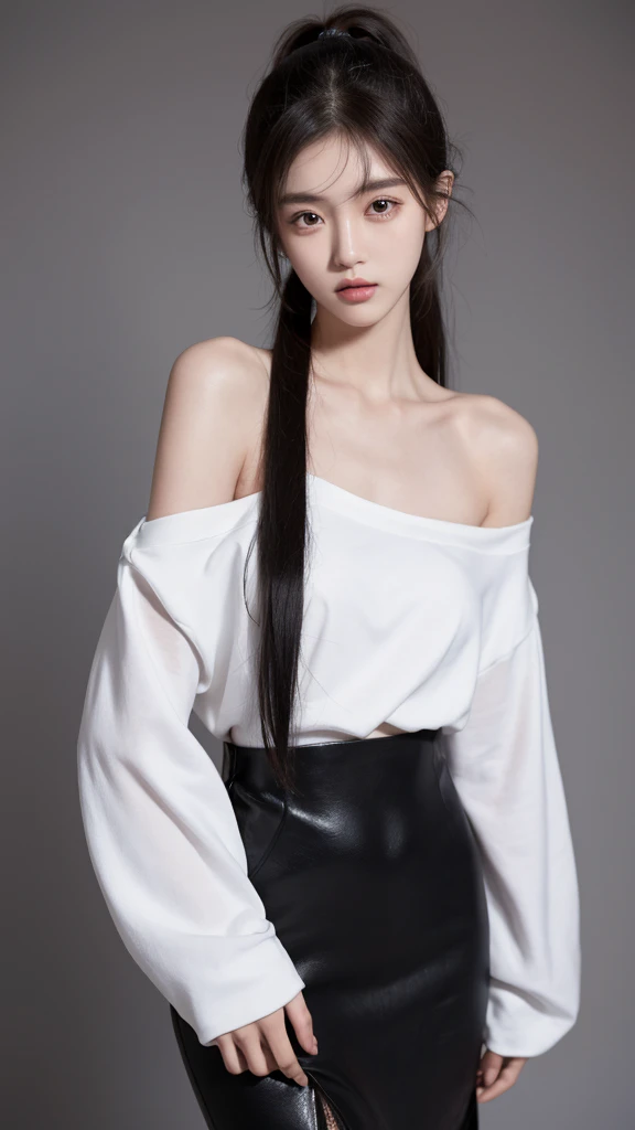 1 person only, 8K RAW photos, 22-year-old Korean model ,167cm, slim body , perfect breasts ,fair skin, soft body, loose long sleeve dress,  eyes beautiful in detail, beautiful double eyelids, slit eyes, long black ponytails