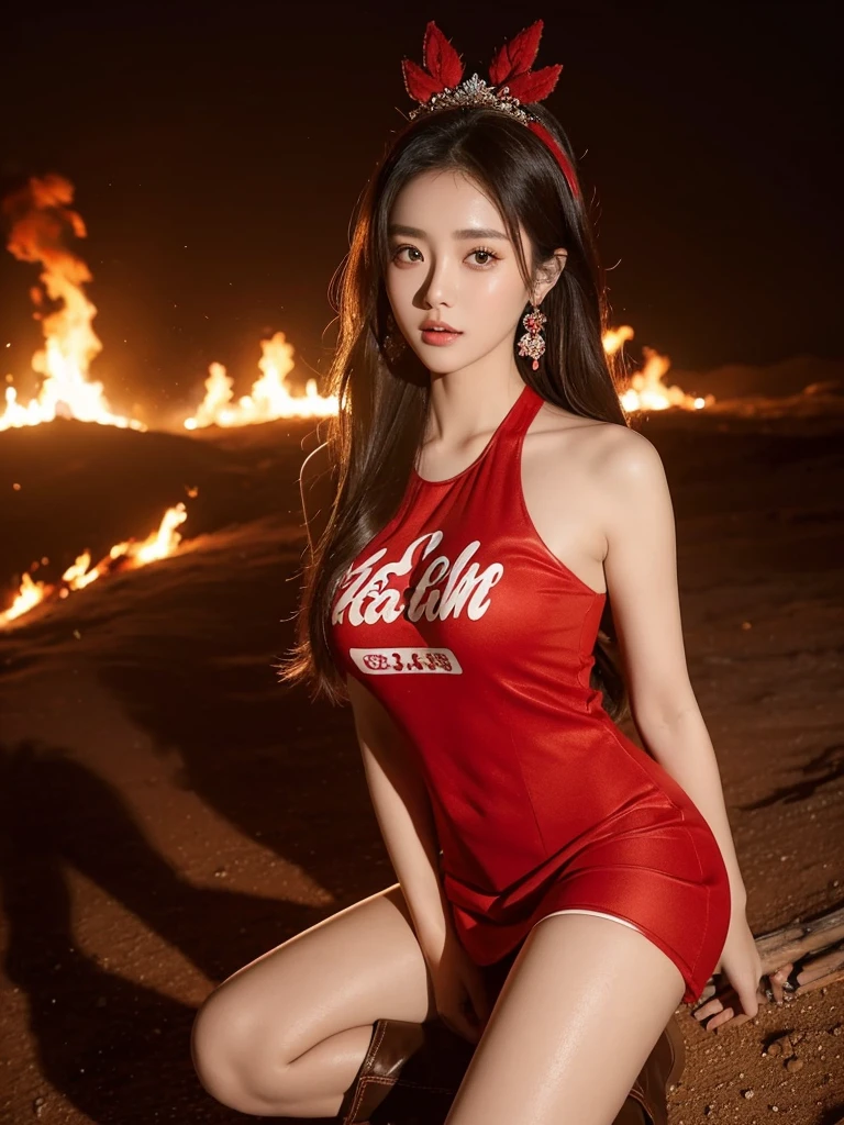 Beautiful woman wearing a red cream mini dress with decorations on the shirt and visible shoulders and wearing boots and being photographed with a background And he was in the middle of the desert holding burning wood  , Korean style swag, beautiful face so gorgeous, Beautiful eyes, y2k style