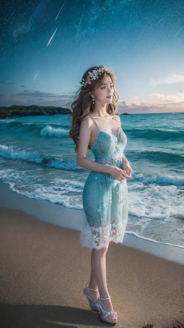  fairy standing on the seashore，Wear hair accessories，Lace floral dress，High heel，Charming，sweet and cute，Soft skin，The facial features are realistic and delicate，The beach is full of flowers，Starry Night，Dream Scene Photography，8K Ultra HD picture quality，Real-life photography

