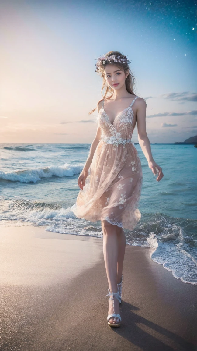 Little fairy standing on the seashore,Wear hair accessories,Lace floral dress,High heel,Charming,sweet and cute,Soft skin,The facial features are realistic and delicate,The beach is full of flowers,Starry Night,Dream Scene Photography,8K Ultra HD picture quality,Real-life photography