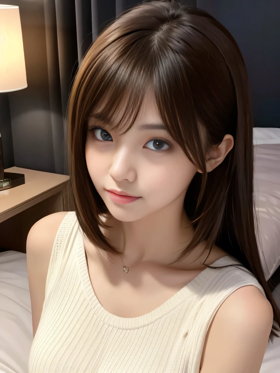Ultra High Definition, Superior Quality, Premier Quality, ultra detailed, Photorealistic, 8k, RAW Photos, highest quality, masterpiece, Attractive girl, Stunning girl, Brown Hair, Shoulder Length Layered, asymmetrical bangs, K-pop Idol, Sophisticated, Stylish, white knit, Midnight:1.2, (Dark bedroom scene featuring a beautiful woman:1.2), darkness:1.5, shadow:1.2