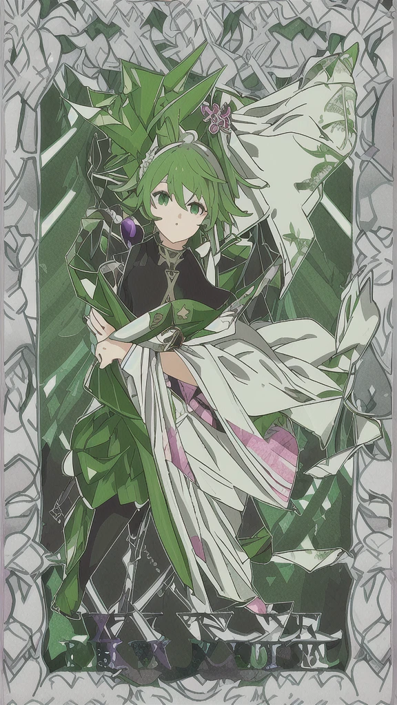 
create a full-body female Genshin Impact character, with medium hair down to the waist in pink, skin fair, green eyes mixed with purple, Her clothes on top are a dark green bodysuit and a green and white semi-decorated dress on top and the quality is very good.