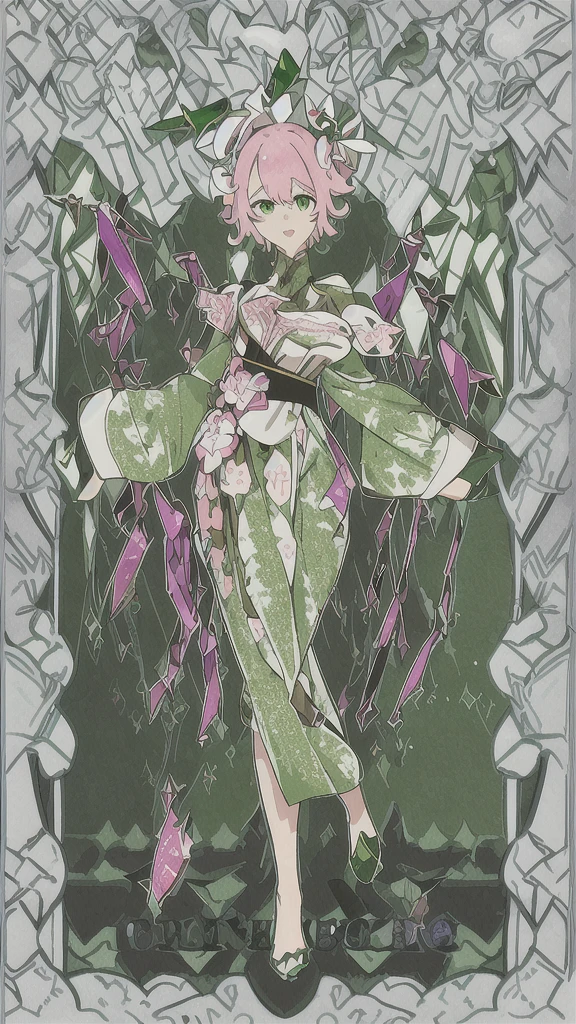 
create a full-body female Genshin Impact character, with medium hair down to the waist in pink, skin fair, green eyes mixed with purple, Her clothes on top are a dark green bodysuit and a green and white semi-decorated dress on top and the quality is very good.