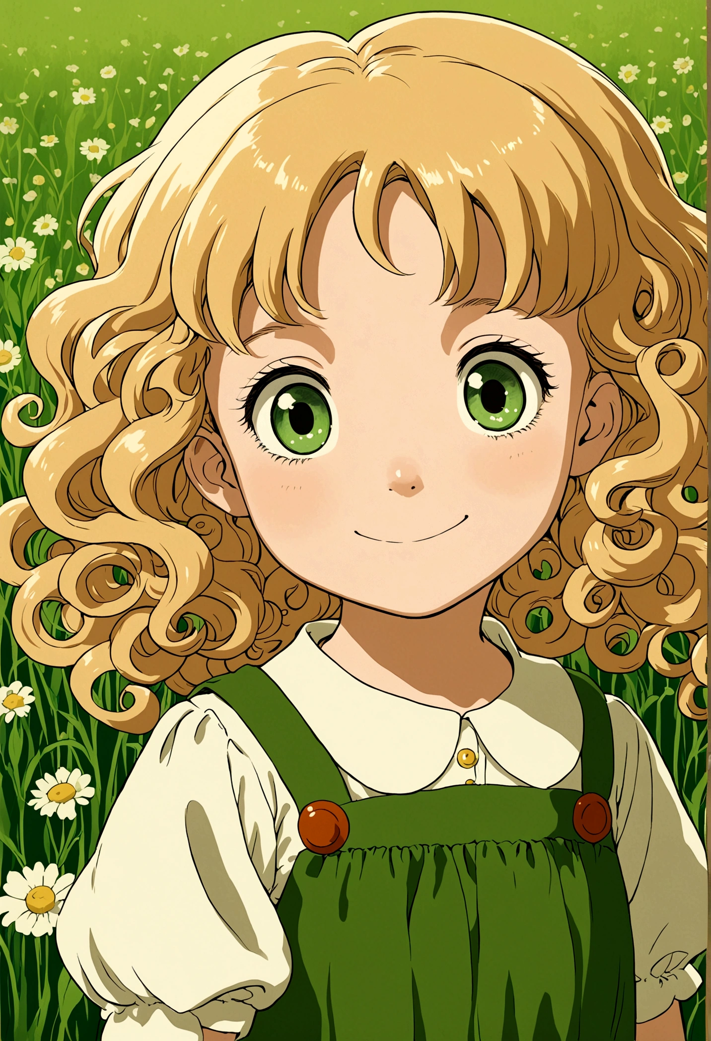 A little girl(child) in ((studio ghibli style)),the girl is in a Green field. Her hair is blonde and curly, her eyes are brown. ((She is smiling))