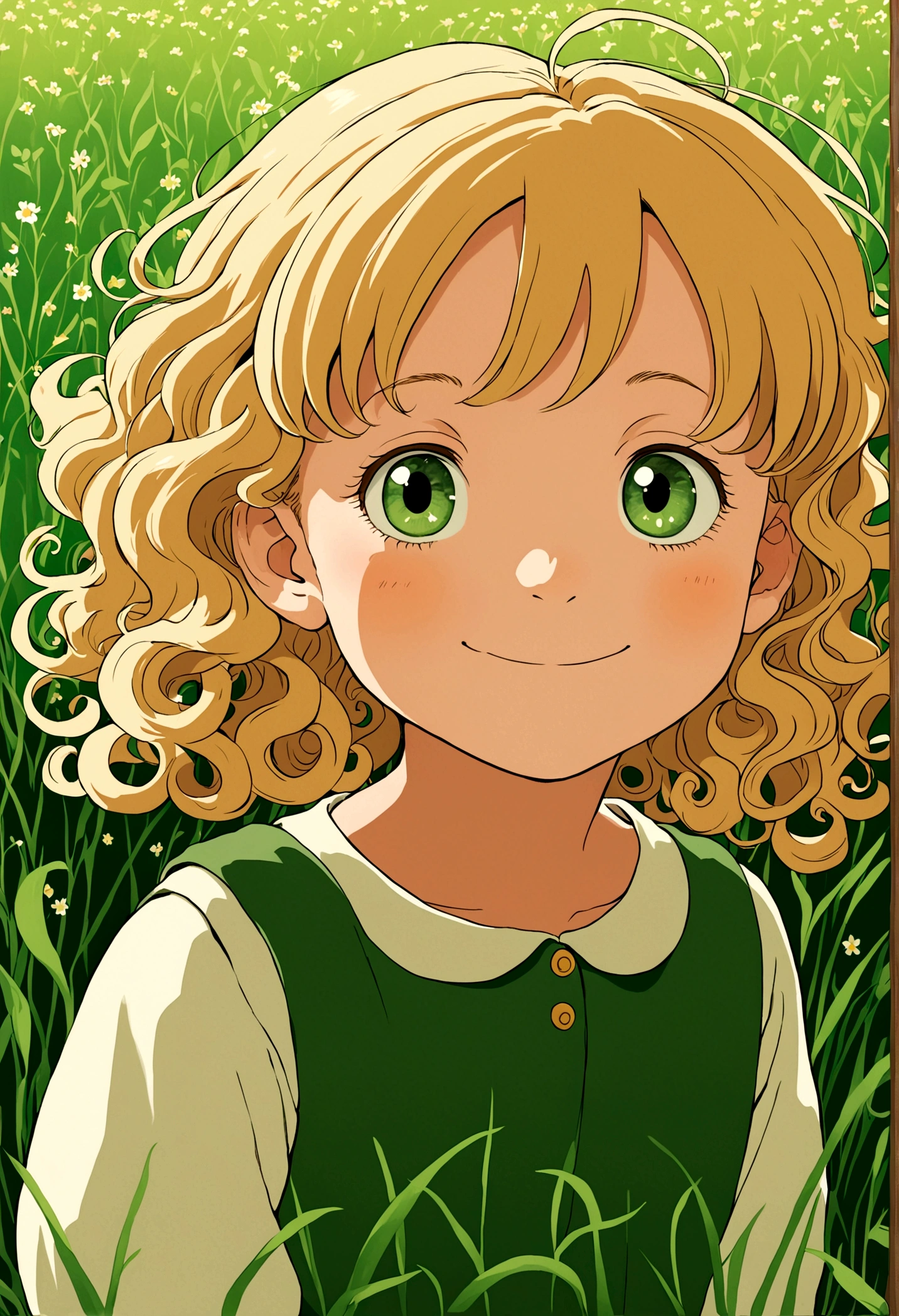 A little girl(child) in ((studio ghibli style)),the girl is in a Green field. Her hair is blonde and curly, her eyes are brown. ((She is smiling))