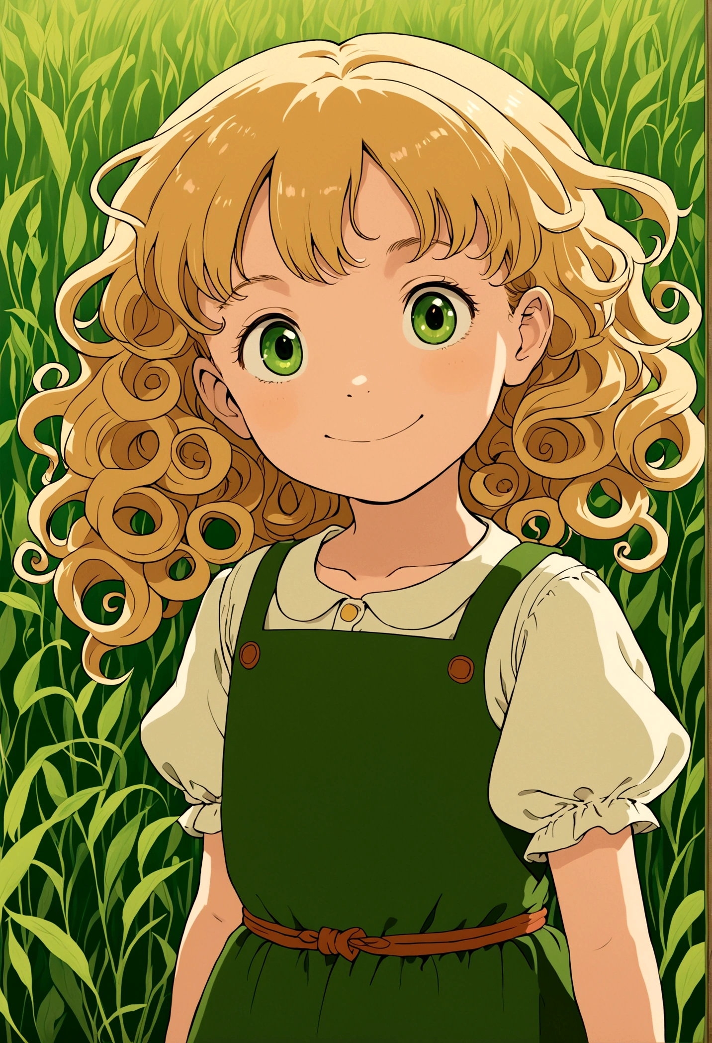 A ) in ((studio ghibli style)),the girl is in a Green field. Her hair is blonde and curly, her eyes are brown. ((She is smiling))