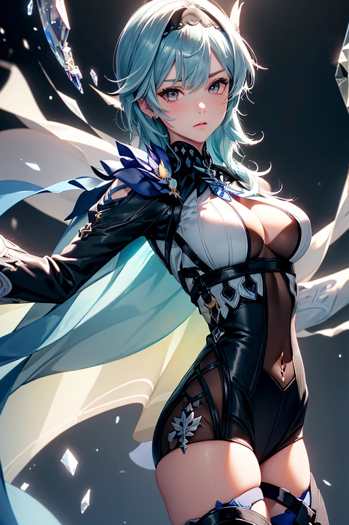 ((euladef)):1.5,((masterpiece,Highest quality,Highly detailed images,Beautiful images))1.4(Image of Eula leaning back with her arms raised、Huge crystal in the background、Overall dim lighting、Backlight、A fantastic atmosphere、Thick Fog、Dust flutters)1.3,(Close-up image of eula)1.1、(Her back is arched, Accentuate your breasts.、Turn your body to the viewer):1.2(Beautiful cleavage、Exposing cleavage)