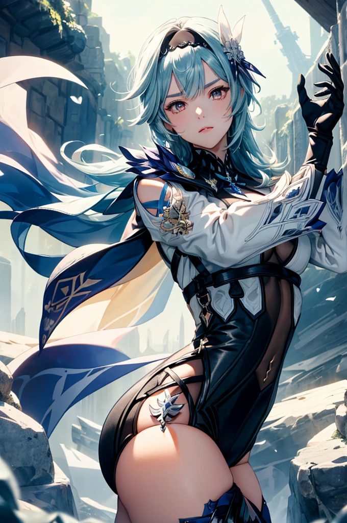 ((euladef)):1.5,((masterpiece,Highest quality,Highly detailed images,Beautiful images))1.4(Image of Eula leaning back with her arms raised、Huge crystal in the background、Overall dim lighting、Backlight、A fantastic atmosphere、Thick Fog、Dust flutters)1.3,(Close-up image of eula)1.1、(Her back is arched, Accentuate your breasts.、Turn your body to the viewer):1.2(Beautiful cleavage、Exposing cleavage)
