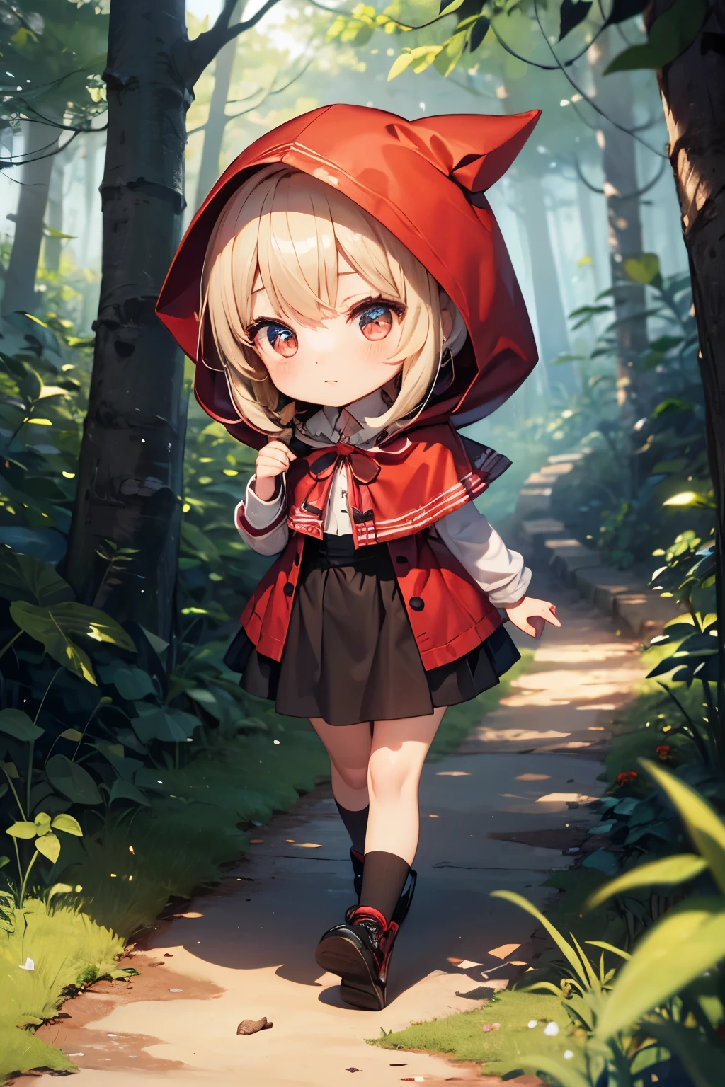 Girl, Little Red Riding Hood, in the forest, walk, dark, Chibi Character