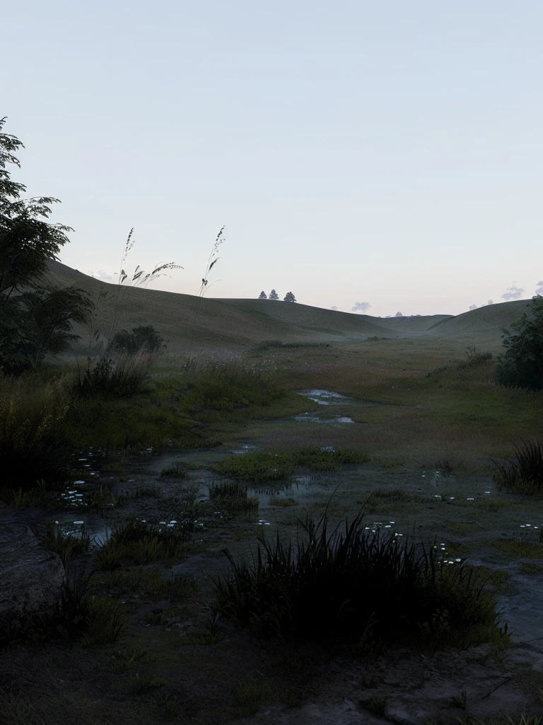 there is a field with a small pond in the middle, rendering in cryengine, in the game engine, ultra detailed environment, Grassy hill, And Dayz, very detailed environment, hyperrealistic environment, with crying engine, meadow in the background, hyper-detailed surroundings, Game Engine Lighting, very detailed terrain, rendered in unreal 3 d, photorealistic screenshot