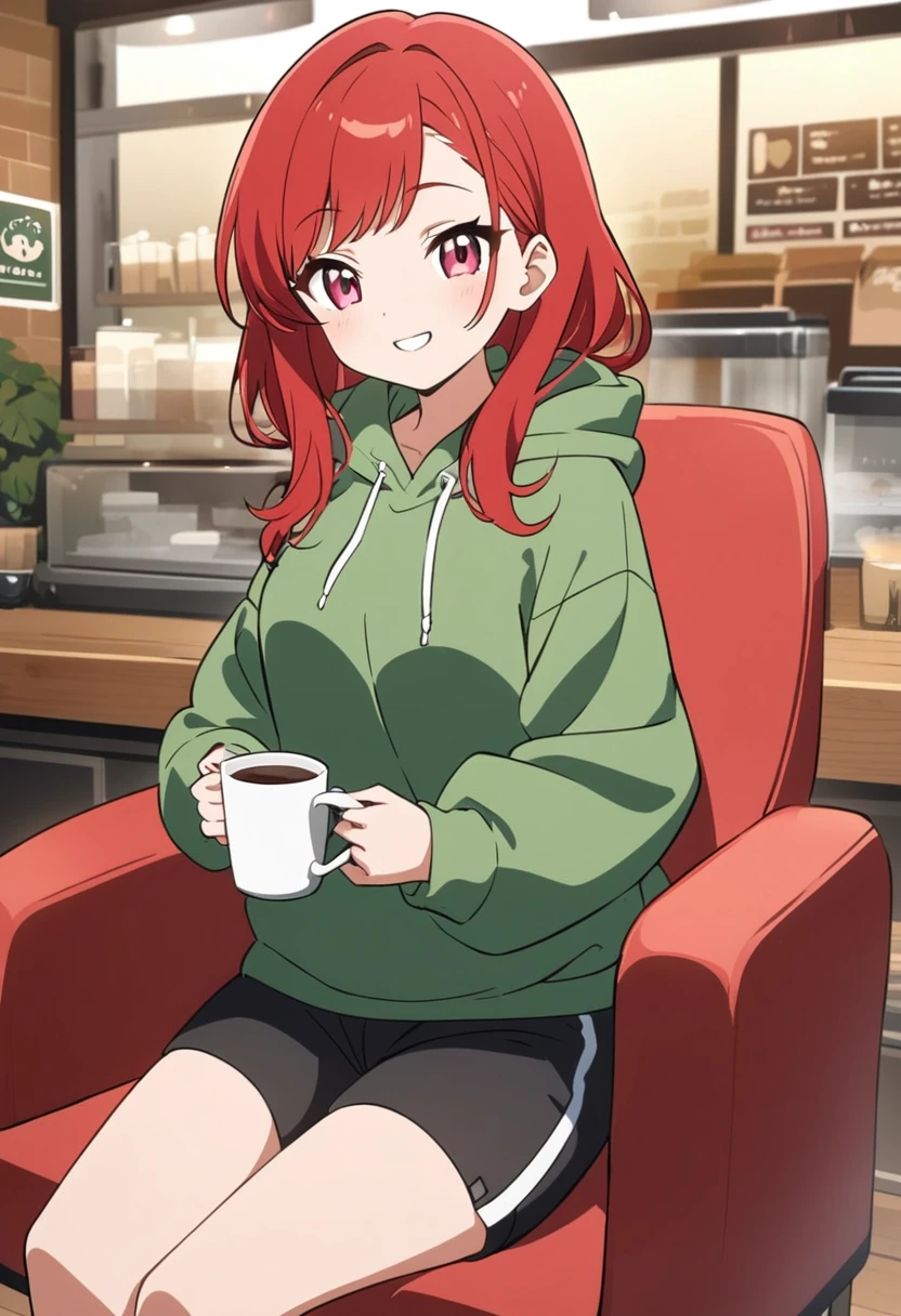 Pretty asian woman, bright red hair, black shorts and a green hoodie, cute, sitting in a big chair. Anime style, coffee shop environment, pretty smile