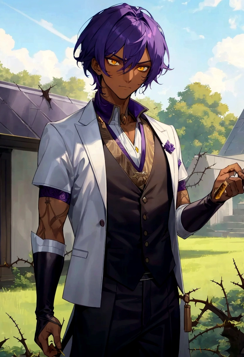 A man with purple hair, dark skin, with an aggressive look, yellow eyes, and thorns around his arm, wearing a royal outfit, dark skin, cabelo curto escorrido