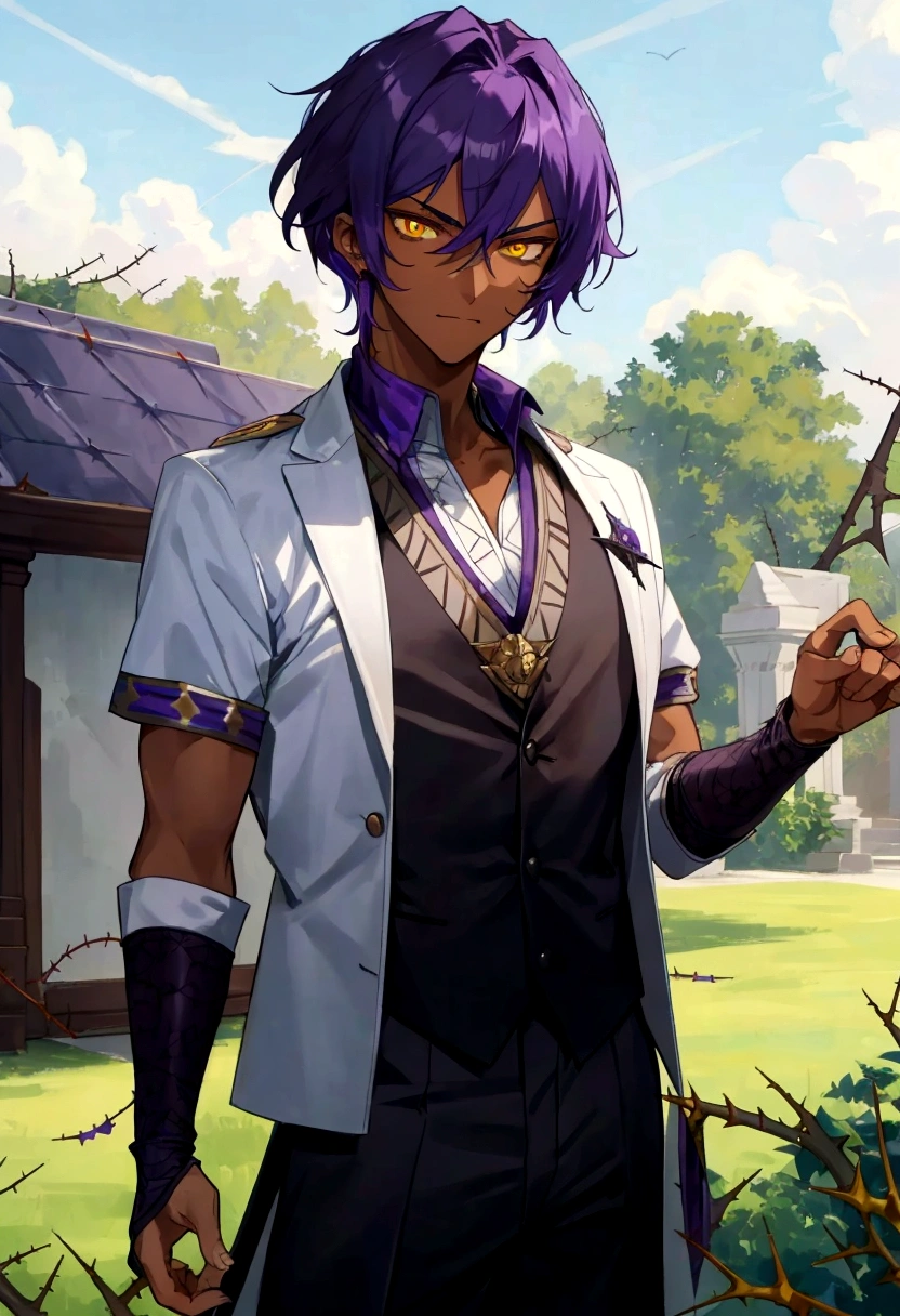 A man with purple hair, dark skin, with an aggressive look, yellow eyes, and thorns around his arm, wearing a royal outfit, dark skin, cabelo curto escorrido