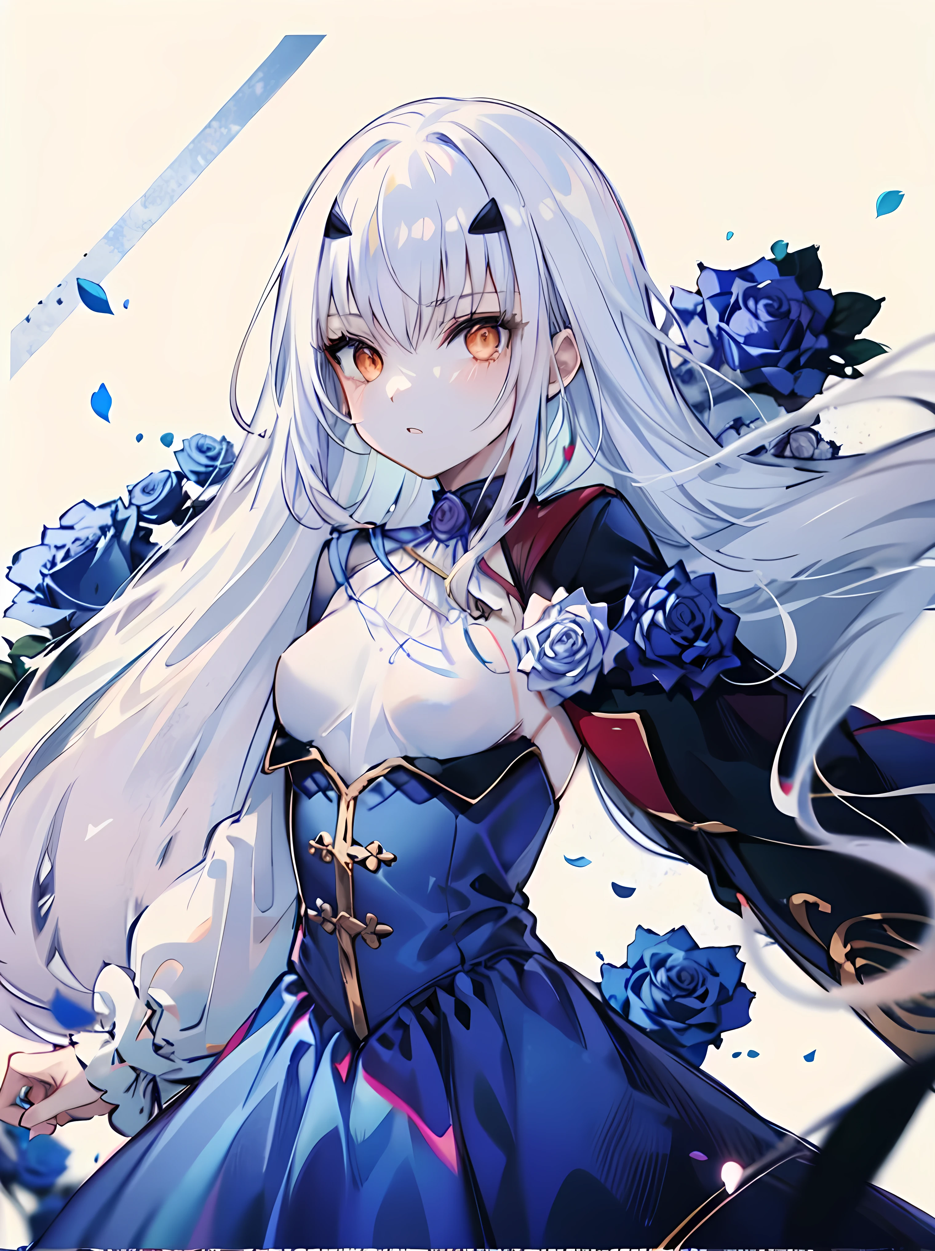 Uhd, absurdres, best_quality, masterpiece, best quality,1girl, solo, fairy knight lancelot (fate), (long white hair), straight hair, sidelocks, forked eyebrows, small breasts, looking at viewer, dress, cape, (((blue dress))), bangs, long sleeves, (blood-orange  eyes), white rose, rose garden, medieval city in baclground, 