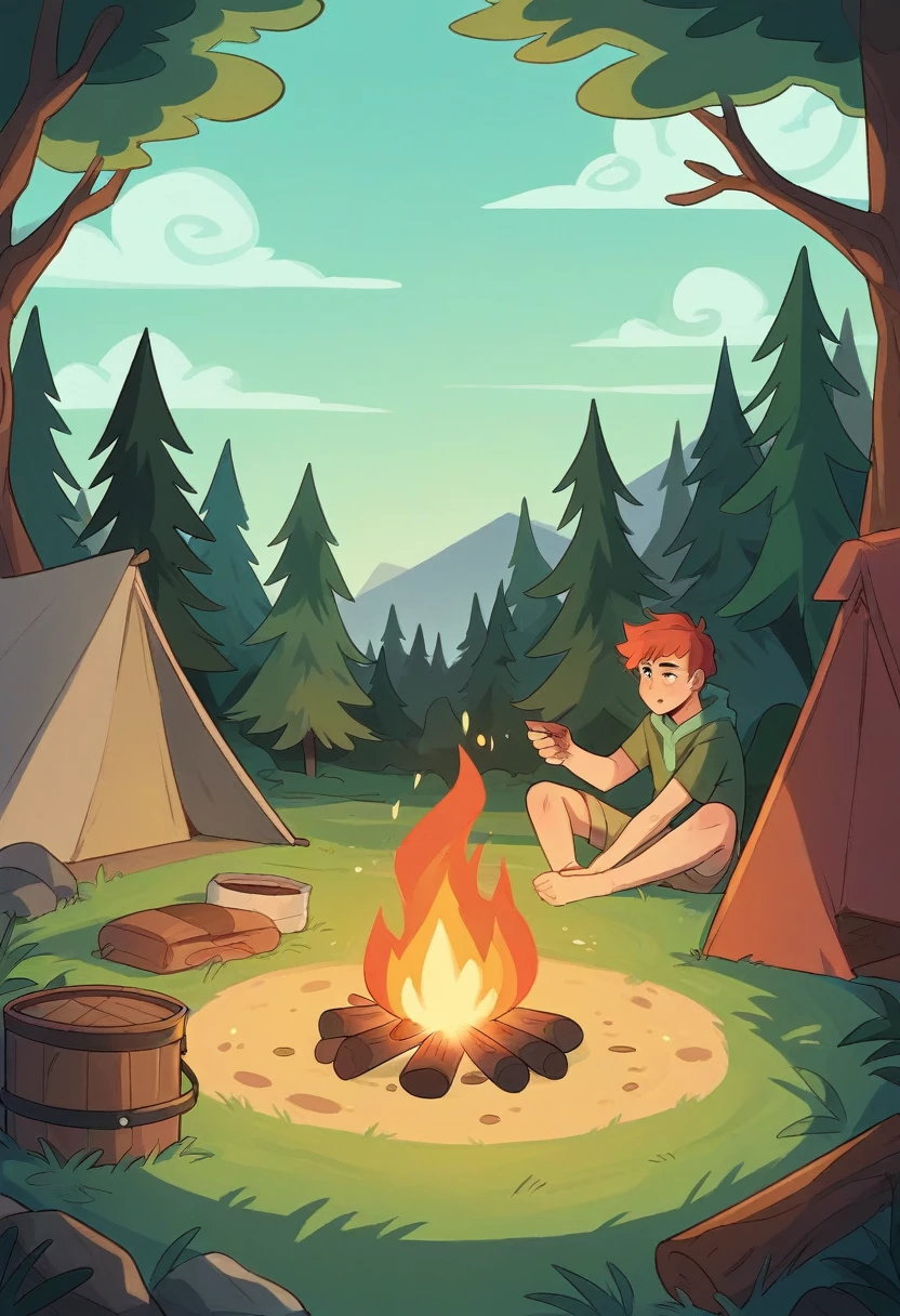 there is a campfire with food and a tent in the background with sunset purely, camping colors, campfire in background, camp fire, peaceful environment, campsites, setting in nature, summer setting, summer lake setting, all in the amazing outdoors view, at a campfire in the forest, outdoors setting, serene environment, summer evening, outdoor campfire pit, barrel fires and tents, beautiful environment, campfire