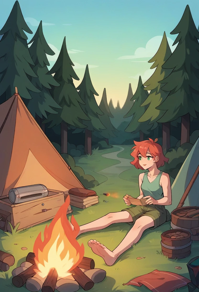 there is a campfire with food and a tent in the background with sunset purely, camping colors, campfire in background, camp fire, peaceful environment, campsites, setting in nature, summer setting, summer lake setting, all in the amazing outdoors view, at a campfire in the forest, outdoors setting, serene environment, summer evening, outdoor campfire pit, barrel fires and tents, beautiful environment, campfire