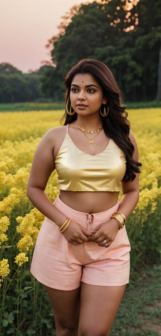 A indian curvy woman is standing in a field of yellow flowers at sunset, wearing a light pink two-piece outfit consisting of a crop top and shorts. She has long, flowing dark hair, gold earrings, a necklace, and gold bangles. The sky is a gradient of warm hues, and trees are visible in the background.