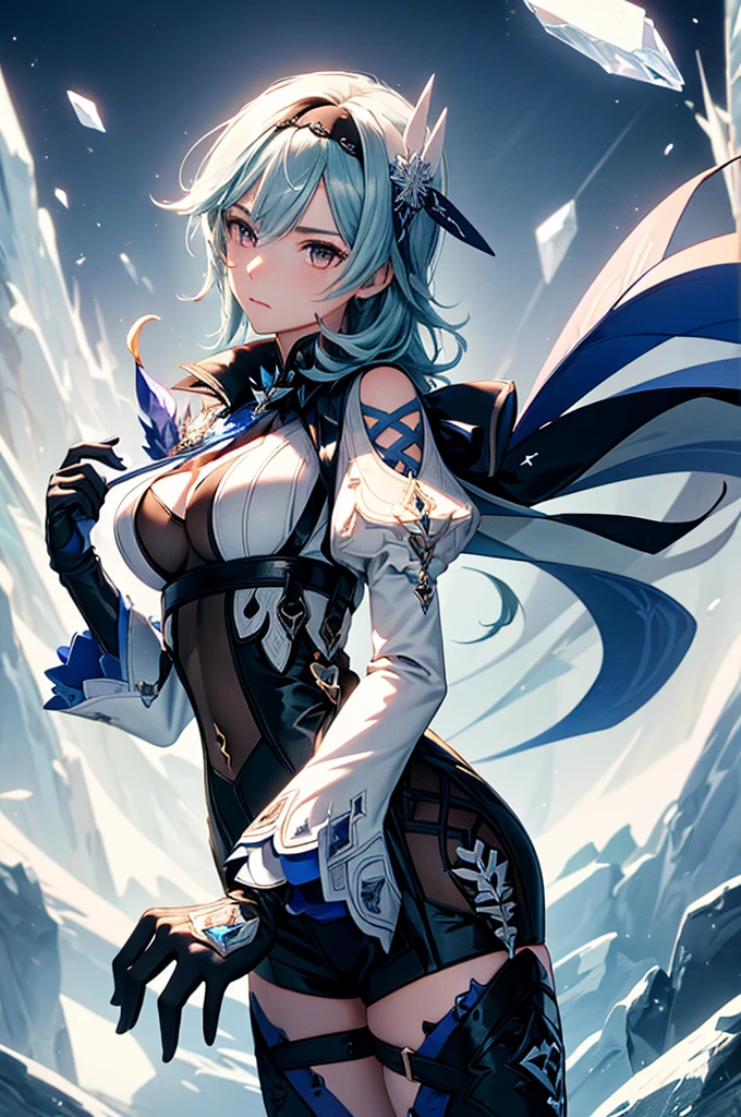 ((euladef)):1.5,((masterpiece,Highest quality,Highly detailed images,Beautiful images))1.4(Image of Eula leaning back with her arms raised、Huge crystal in the background、Overall dim lighting、Backlight、A fantastic atmosphere、Thick Fog、Dust flutters)1.3,(Close-up image of eula)1.1、(Her back is arched, Accentuate your breasts.、Turn your body to the viewer):1.2(Beautiful cleavage、Exposing cleavage)